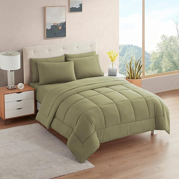 Sweet Home Collection 7 Piece Comforter Set Bag Solid Color All Season Soft Down Alternative Blanket & Luxurious Microfiber Bed Sheets, Sage, Twin XL