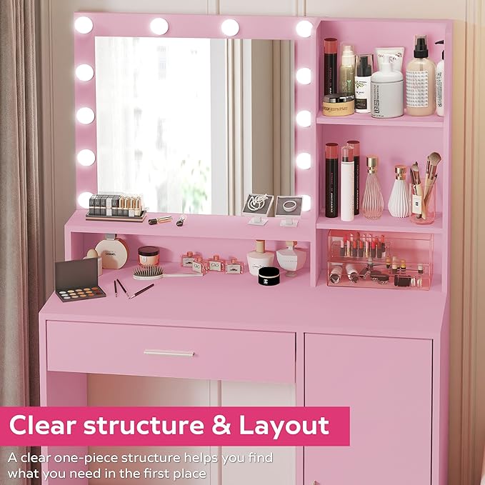 Vanity Desk with Mirror and Light, Large Drawer and Three Level Storage Dresser, 3 Lighting Modes Adjustable Brightness, Bedroom Dressing Table (Pink)