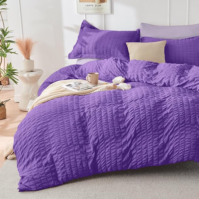 HYMOKEGE Dark Purple/Lavender King Size Comforter Set Seersucker 7 Pieces, All Season Luxury Bed in a Bag for Bedroom, Bedding Set with Comforter, Sheets, Pillowcases & Shams