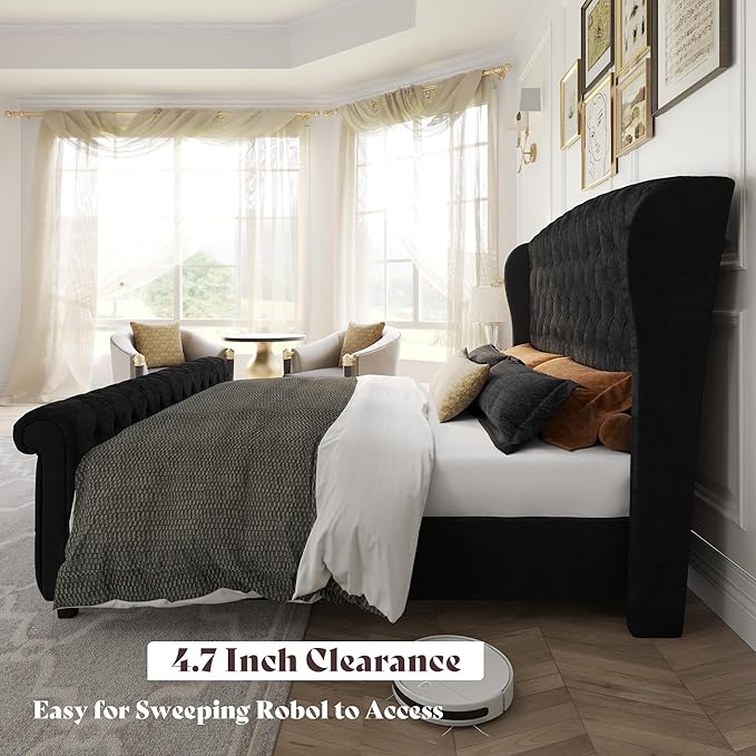 AMERLIFE California King Size Platform Bed Frame, Velvet Upholstered Sleigh Bed with Scroll Wingback Headboard & Footboard/Button Tufted/No Box Spring Required/Black