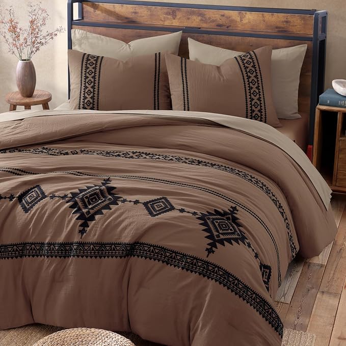 MaiRêve Embroidery Queen Size Comforter Set Brown, Boho Farmhouse Western Bedding Set 7 Pieces, All Season Bed in A Bag Comforter Set with Sheets, Pillowcases & Shams