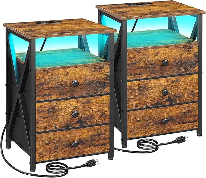 AMHANCIBLE Night Stand Set 2, LED Nightstand with Charging Station, End Side Tables with USB Port & Outlet, Bedside Tables with Fabric Drawers for Bedroom Living Room, Rustic Brown HET053LBR