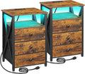 AMHANCIBLE Night Stand Set 2, LED Nightstand with Charging Station, End Side Tables with USB Port & Outlet, Bedside Tables with Fabric Drawers for Bedroom Living Room, Rustic Brown HET053LBR