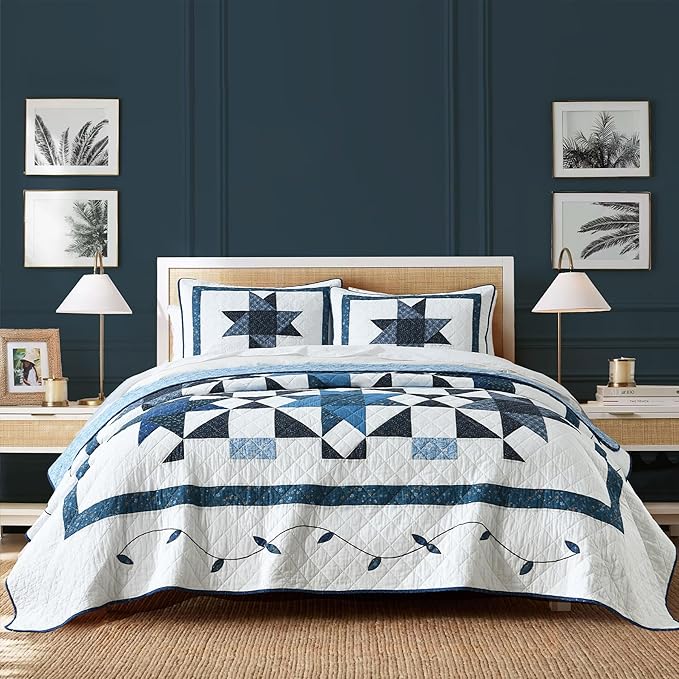 Secgo Handmade Quilted 100% Cotton Queen Comforter Set for Bed - 100% Cotton Quilts Queen Size, Black Bedspreads (90 * 96 Inch) with 2 Pillow Shams, Patchwork Reversible Lightweight Bedding