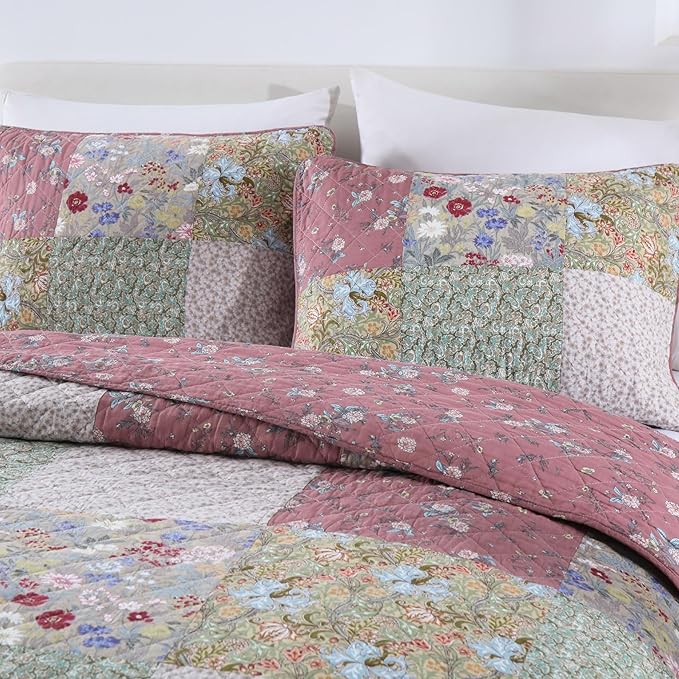 Secgo King Size Comforter Set- 100% Cotton Quilt King Size Set, Green, Sage bedspreads (96 * 108 Inch) with 2 Pillow Shams, Patchwork Reversible Lightweight Bedding