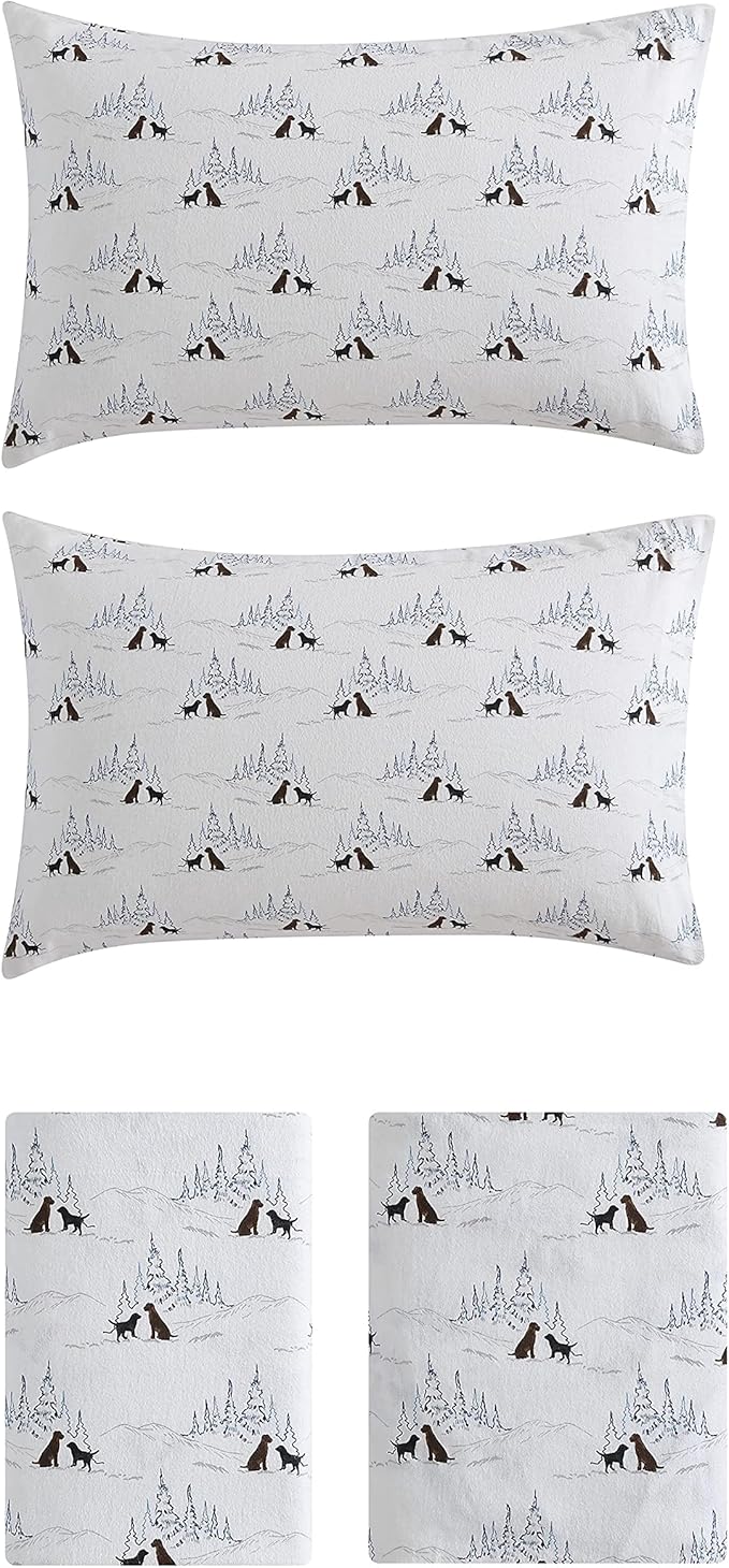 Eddie Bauer - Full Sheets, Cotton Flannel Bedding Set, Brushed For Extra Softness, Cozy Home Decor (Dog Friends White, Full)
