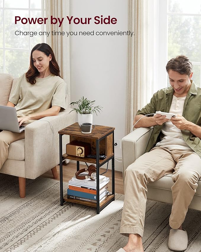 VASAGLE Side Table with Charging Station, 3-Tier End Table with USB Ports and Outlets, Nightstand for Living Room, Bedroom, 11.8 x 13.4 x 22.8 Inches, Plug-in Series, Rustic Brown and Black