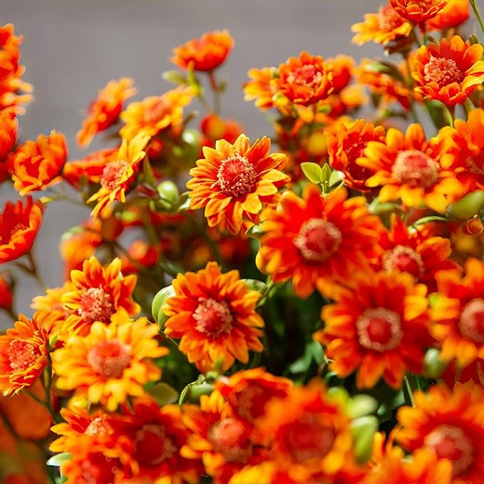 Artificial Mums for Outdoors, Faux Sunset Mum Flowers Planters for Indoor Outside Decor, Fake Look Real, Vibrant, UV Resistant, Waterproof, Windproof (Wine, 5 Bundle)