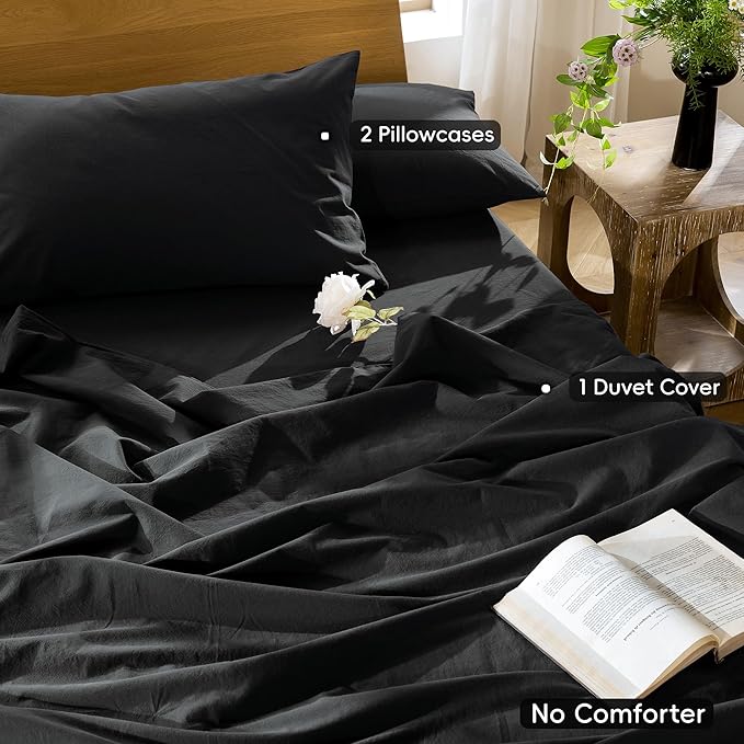 MooMee Bedding Duvet Cover Set 100% Washed Cotton Linen Like Textured Breathable Durable Soft Comfy (Solid Black, King 104"x90")