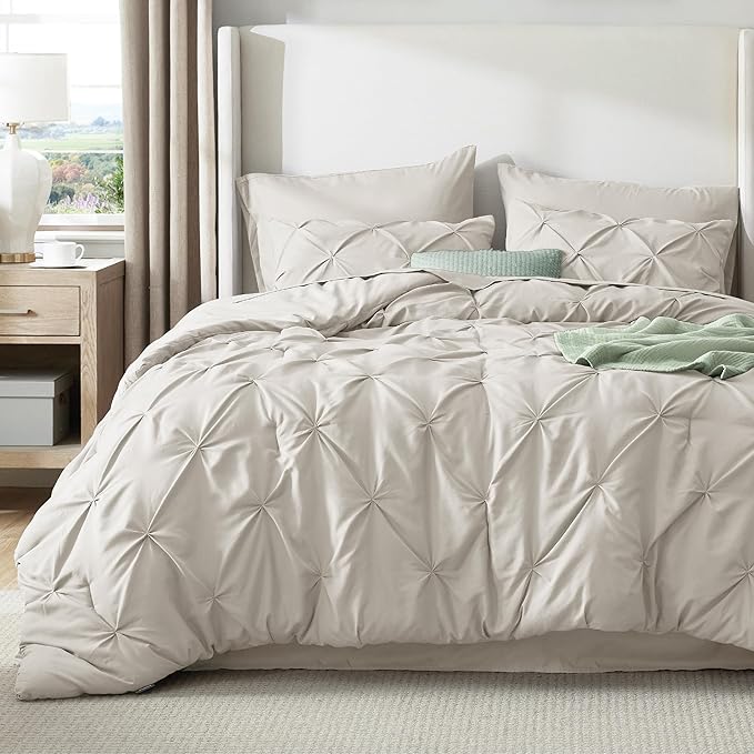 Bedsure Full Comforter Set Linen - Bed in a Bag Full Size Bedding Set 7 Pieces, GentleSoft™ Pintuck Bed Set Gift for Family, Pinch Pleat All Season Comforter with Sheets, Pillowcases & Shams