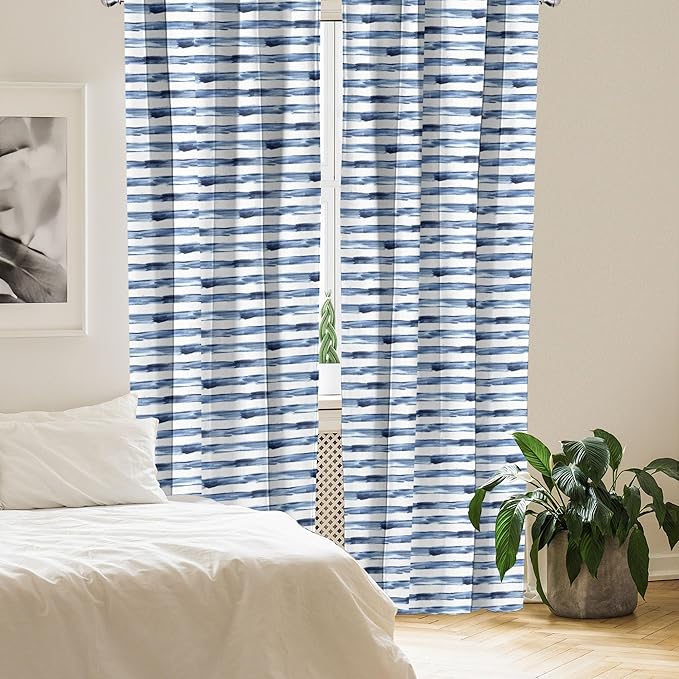 Ambesonne Harbour Stripe Window Curtains, Watercolor Style Paintbrush Stripes Sea Marine Life Lines Image, Lightweight Decor 2-Panel Set with Rod Pocket, Pair of - 28" x 95", Blue Night