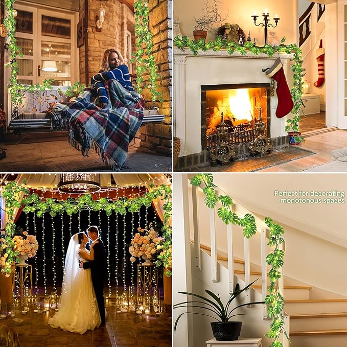 RECUTMS Artificial Monstera Leaf Vines Whit Light 2Pcs, 5.9FT Fake Hanging Ivy Plant Faux Tropical Palm Leaves Greenery Vine Garland Indoor Outdoor Garden Porch Patio Jungle Luau Birthday Party Décor