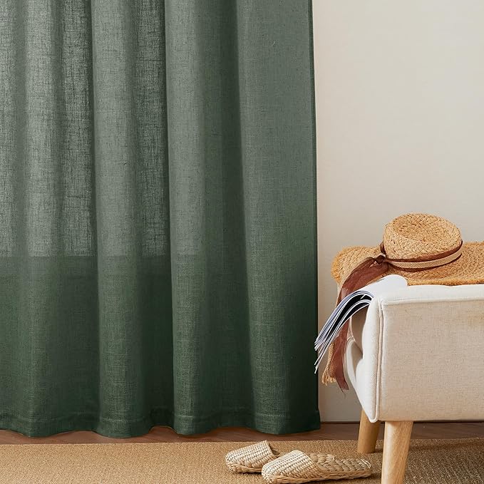 RYB HOME Linen Blended Curtains - Back Tab Vintage Thick Linen Burlap Light Filtering Decorative Sheer for Bedroom Living Room Home Office, W 52" x L 95", 2 Pcs, Hunter Green