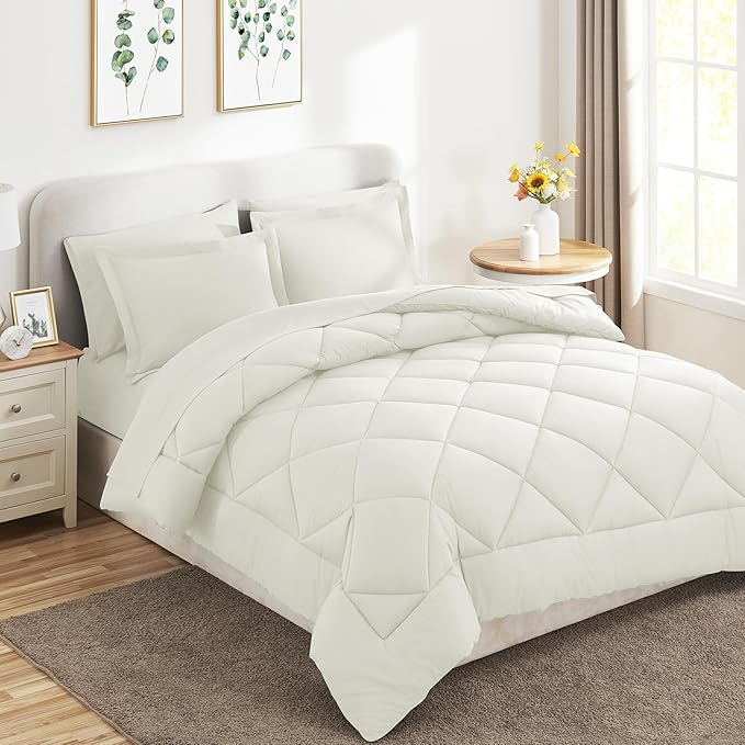 CozyLux King Size Comforter Set Ivory - 7 Pieces Bed in a Bag King, Luxury Soft Bed Set for All Seasons, Bedding Set with Down Alternative Comforter, Sheets, Pillowcases & Shams