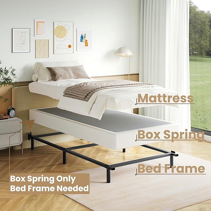 Box Spring Twin Size, 7 Inch Low Profile Metal Frame Mattress Foundation, 3000 lbs Heavy Duty Boxspring with Fabric Cover, Easy Assembly, Noise Free, Non-Slip