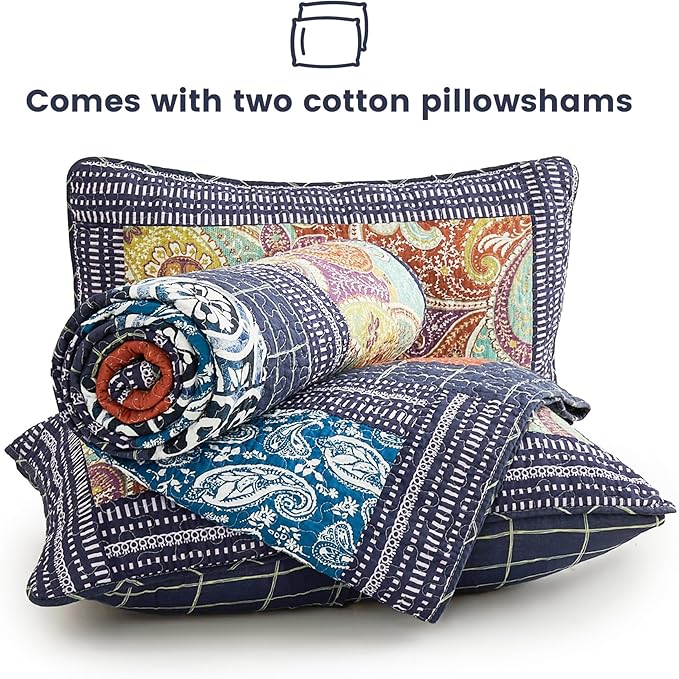 Secgo California King Quilt Size - 100% Cotton Oversized California Comforter Set Bedding Sets (120 * 110 Inch) with 2 Pillow Shams, Patchwork Reversible Lightweight Bedspread