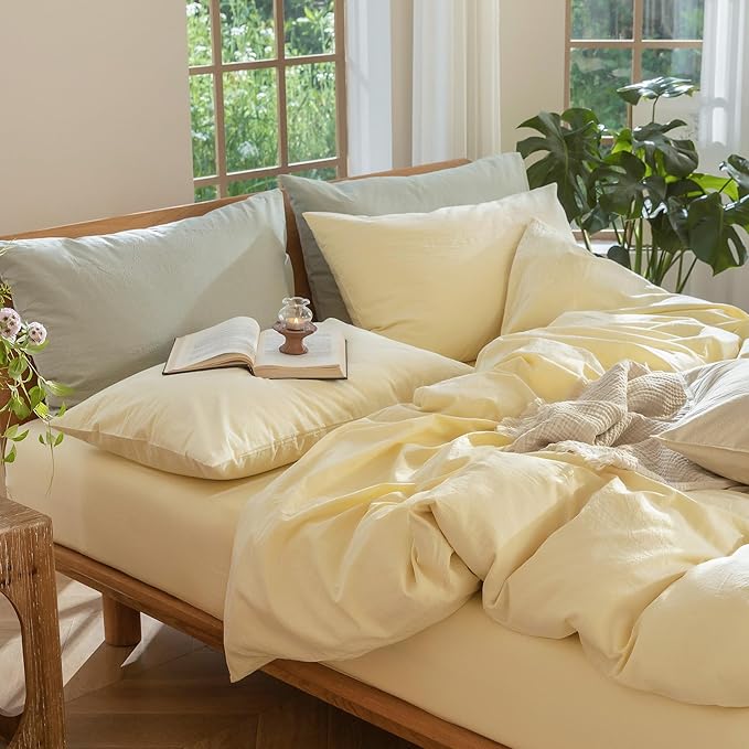 MooMee Bedding Duvet Cover Set 100% Washed Cotton Linen Like Textured Breathable Durable Soft Comfy (Heathered Butter Yellow, Queen 90"x90")