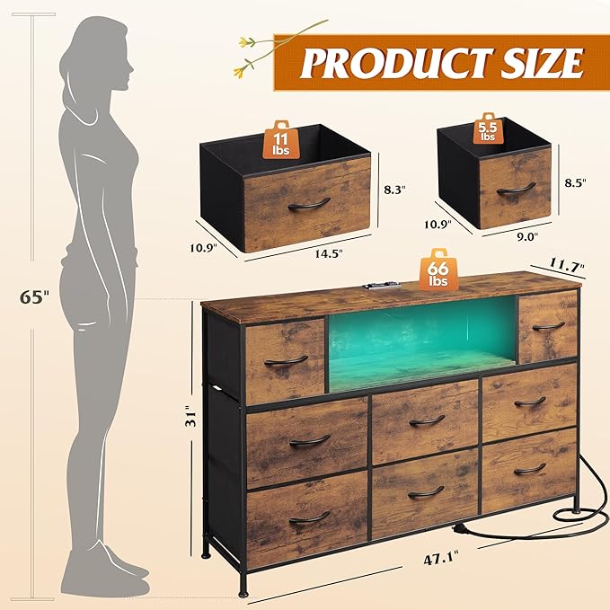 WLIVE TV Stand for 45, 50, 55 inch TV, Entertainment Center with LED Lights & Charging Station, TV Media Console Table with 8 Fabric Drawers and Open Shelves for Living Room, Hallway, Rustic Brown