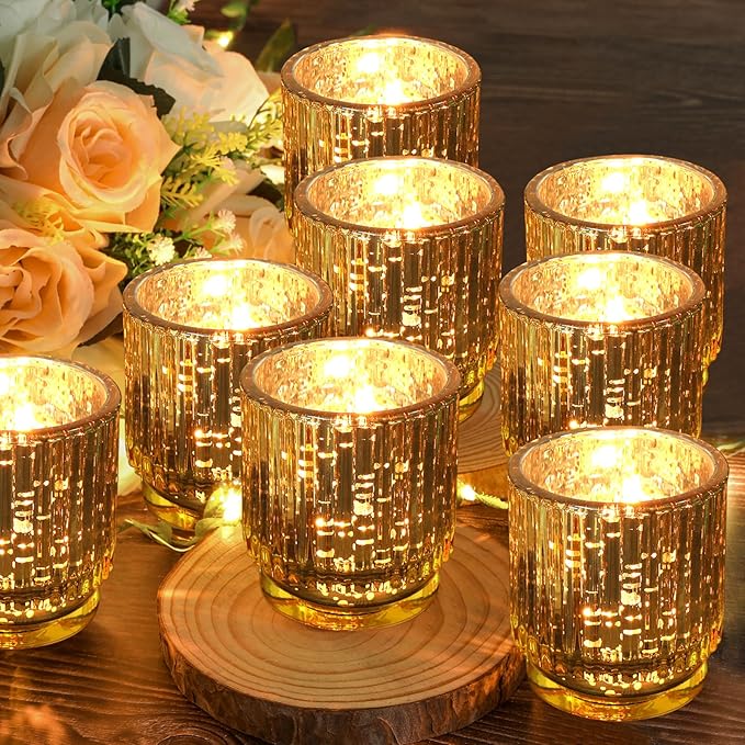 Gold Mercury Glass Votive Candle Holders Set of 6, Wedding Party Candlestick, Elegant Table Centerpiece Candles,Gold Tealight Candle Holders Set, Festive Holiday Home Decor