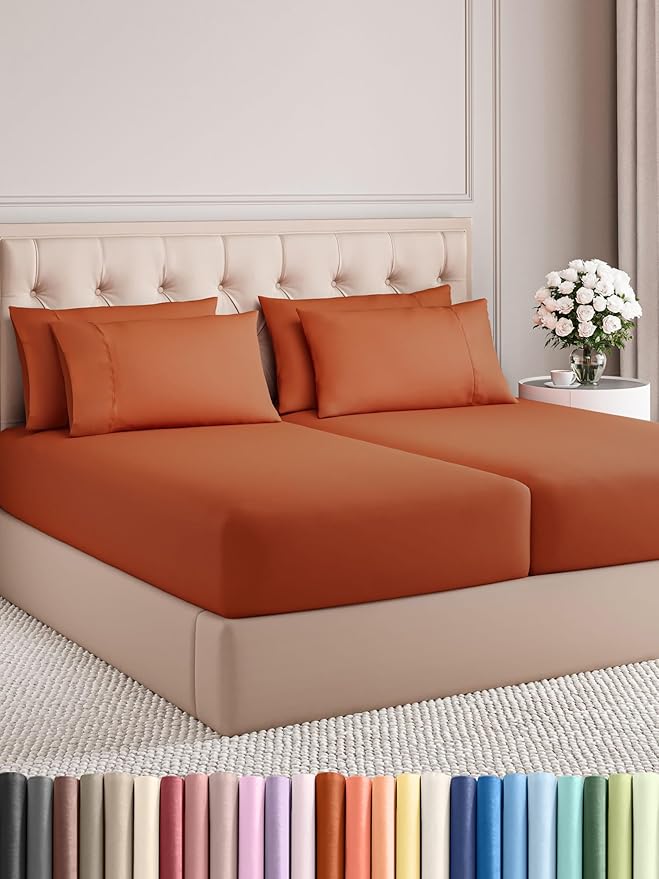 Split King 7 Piece Sheet Set - Comfy Breathable & Cooling - Soft Hotel Luxury Bedding Set with 8-16 Inch Deep Pockets - 1 Flat & 2 Fitted Sheet & 4 Pillowcases - Wrinkle Free & Easy Care - Terracotta