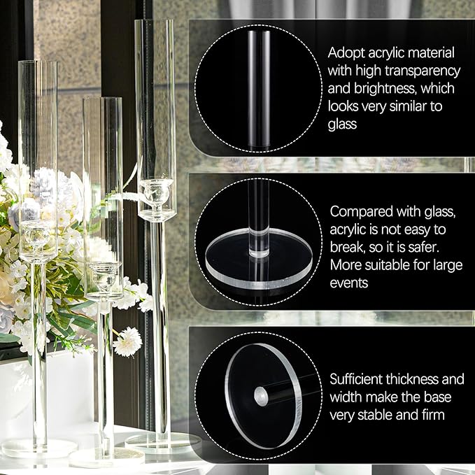 Vincidern 12pcs Taper Candle Holder Acrylic Candlestick Holder Clear Set for Table Centerpiece, Long Candle Stick Candle Stand Cylinder Shade for Halloween, Christmas Wedding Party Dining Room Decor