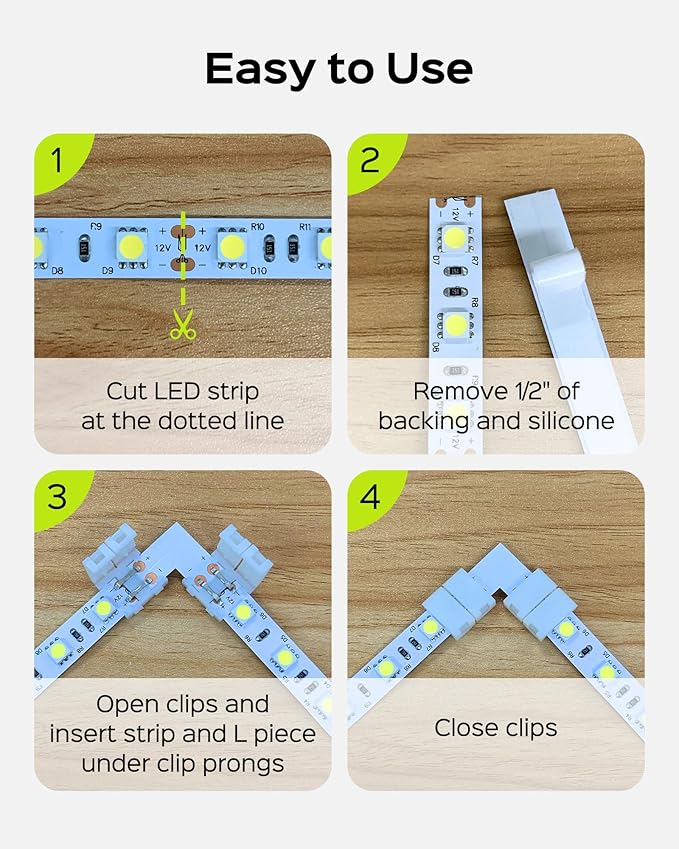 JACKYLED 10mm 2-Pin LED Strip Connectors for LED Strip Lights, Total 22Pcs Corner Connectors Kit for Unwired Gapless Solderless Adapter Extension - 10mm 2pin 10 Pack