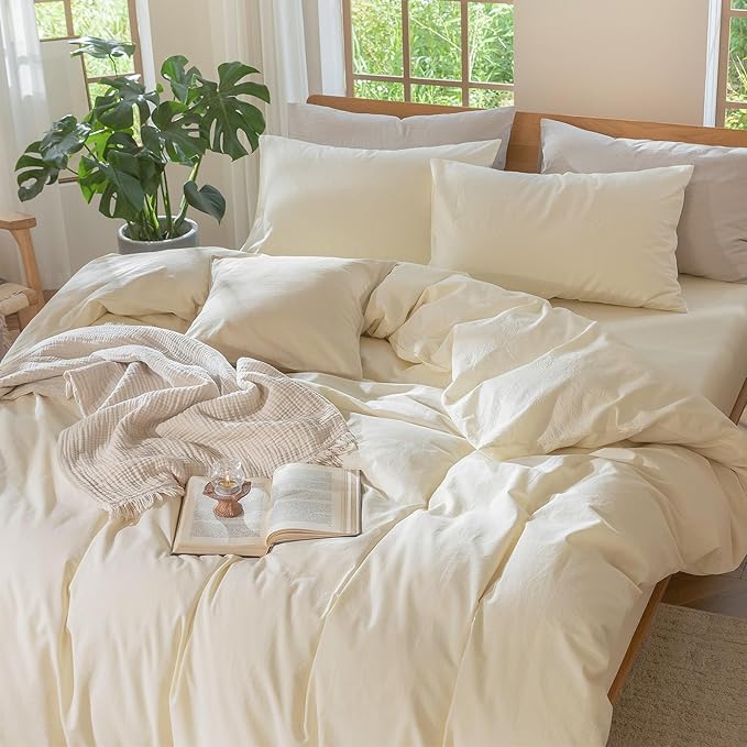 MooMee Bedding Duvet Cover Set 100% Washed Cotton Linen Like Textured Breathable Durable Soft Comfy (Solid Cream White, Alaska King 132"x120")