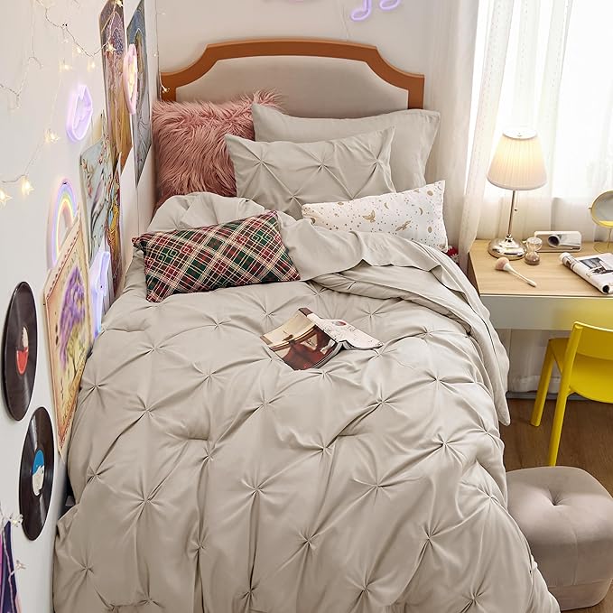 Bedsure Twin Comforter Set Beige - Bed in a Bag Twin Size Bedding 5 Pieces, GentleSoft™ Pintuck Bed Set Gift for Family, Pinch Pleat Beige Comforter with Sheets, Pillowcase & Sham