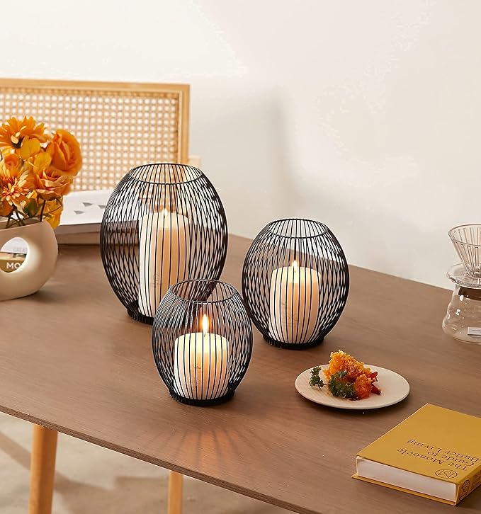 OLEEK Outdoor Candle Holder Decor Set - Black Candle Holder - Candles Holders for Table Centerpiece - Hurricane Candles Holder for Pillar Candles Cage Candle Holders Black Wire Decorative