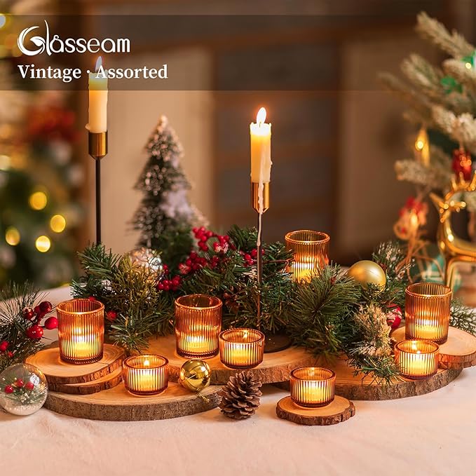 Glasseam Amber Tealight Candle Holders: 24pcs Ribbed Small Votive Holders Bulk for Thanksgiving Table Centerpiece Fall Wedding Christmas Decor