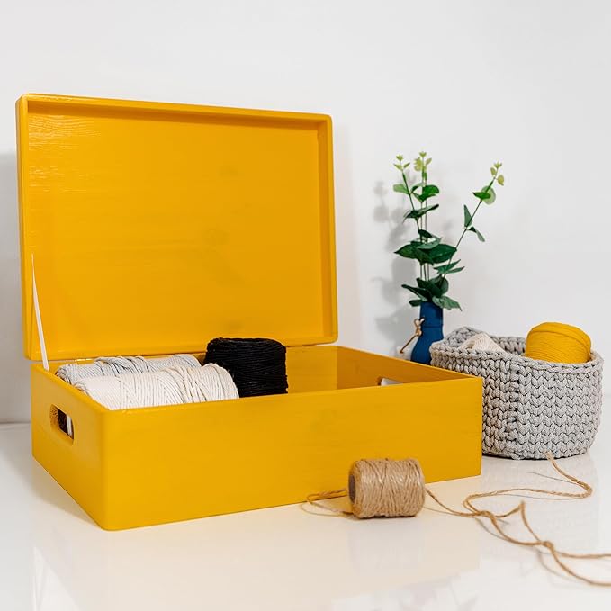 XL Yellow Wooden Box Storage with Hinged Lid | 15.8 x 11.8 x 5.5 inches (+-0.5) | with Handles | Gift Box for Tool Dog Toy Shoes Clothes Kitchen Storage Document | Wood Keepsake Chest