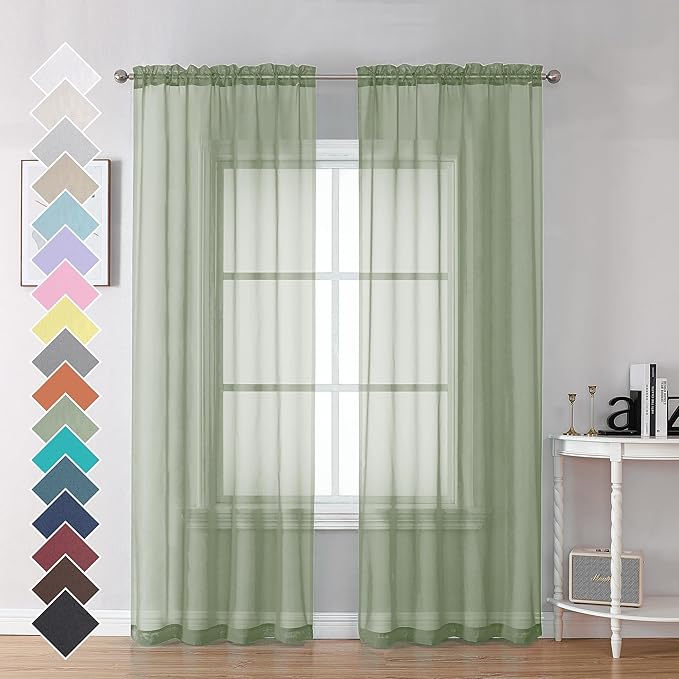 OVZME Bedroom Curtains 2 Panel Sets 84" Inch Length - Transparent Light Weight Soft Window Treatment Panels for Study Room/Living Room/Guest Room, Sage Green, Per Panel W42 X L84 inches