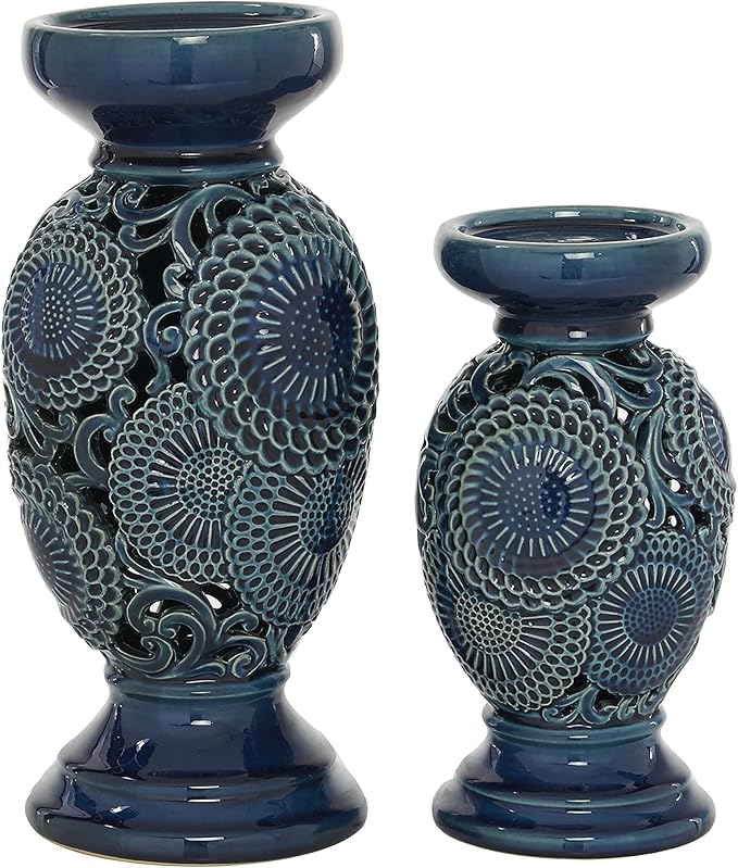Deco 79 Ceramic Pillar Candle Holder with Cut Out Pattern, Set of 2 13", 10"H, Blue