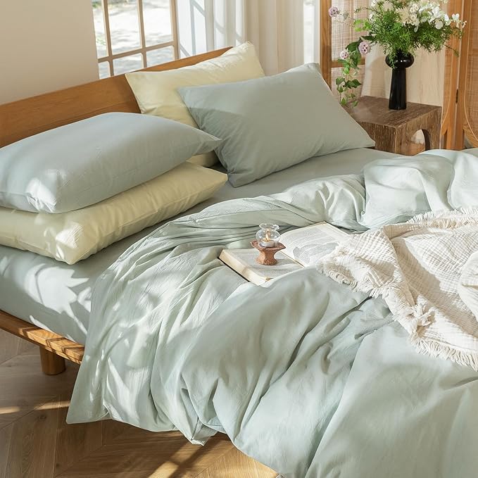 MooMee Bedding Duvet Cover Set 100% Washed Cotton Linen Like Textured Breathable Durable Soft Comfy (Heathered Sage Green, Oversized Queen 98"x98")