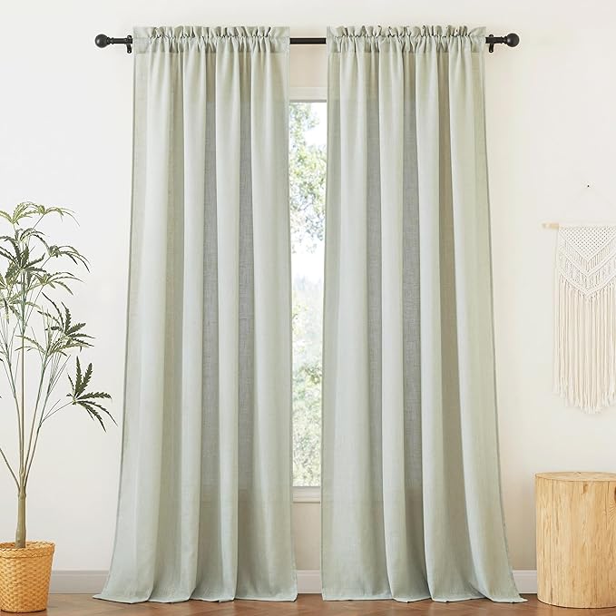RYB HOME Sage Green Linen Sheer Curtains 84 inches Long, Linen Blend Semi Sheer Light Filtering Privacy Protected Curtain Panels for Living Room, 52 x 84 inch, Rod Pocket, 2 Panels Set