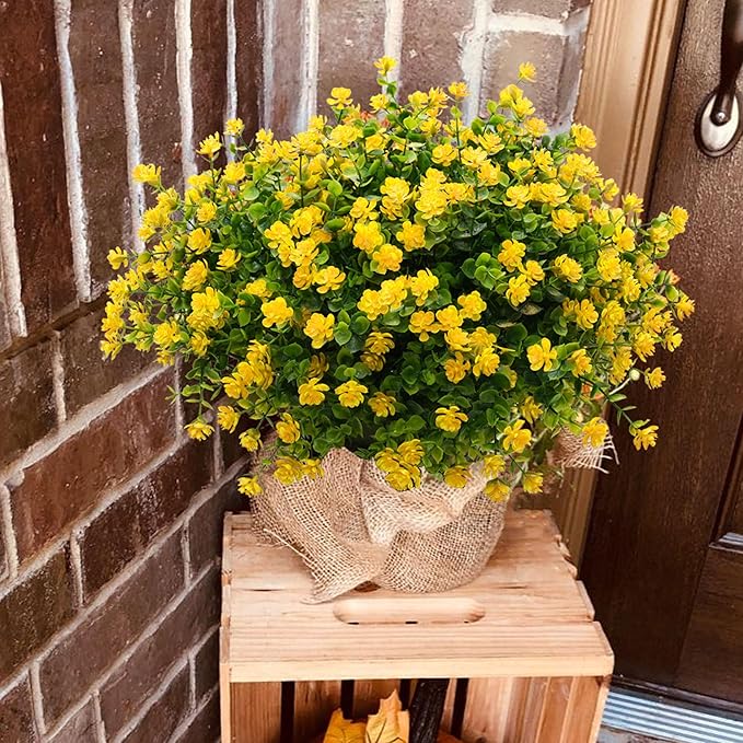 Artificial Fake Flowers Plants for Outdoor, 16 Bundles Faux Eucalyptus Flower UV Resistant Realistic for Planter Front Door Porch Patio Yellow