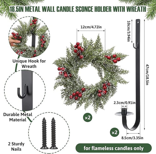 2 Set Christmas Metal Wall Candle Sconce Holder Wall Mount Candle Holder with Berry Wreath for Farmhouse Living Room Entryway Fireplace Bedroom Bathroom Decor, Only Applicable to LED Candles