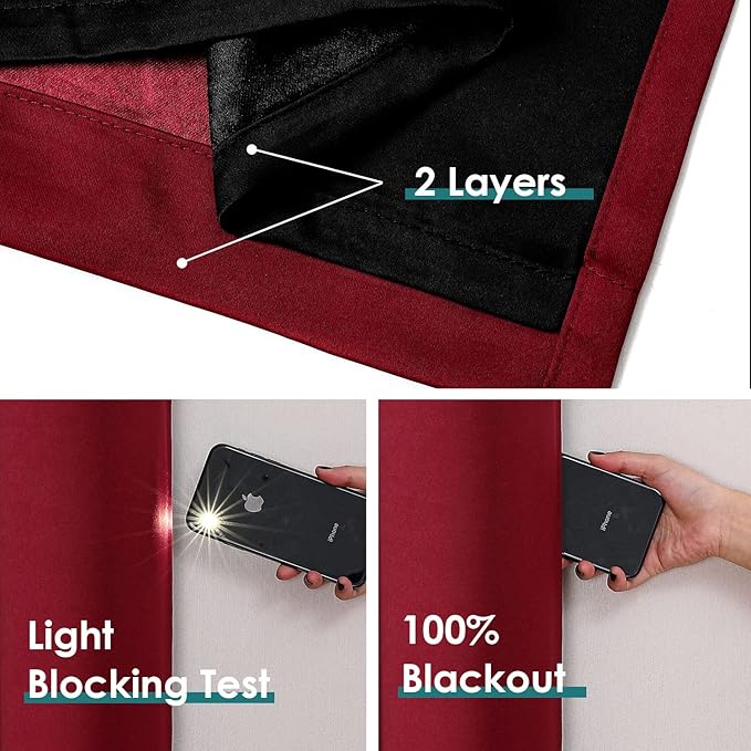 ChrisDowa 100% Blackout Curtains 90 inch Long for Bedroom with Black Liner, 2 Thick Layers Total Blackout Thermal Insulated Grommet Long Window Curtains 2 Panels Set (Burgundy, 52 x 90 Inch)