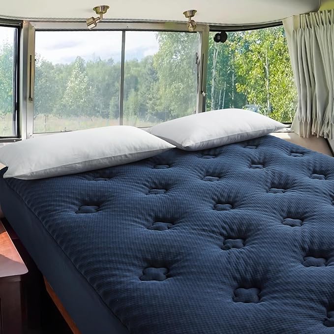 Hansleep RV Short Queen Mattress Topper Viscose Derived from Bamboo, Camping Memory Foam Pillow Top Mattress Topper, Breathable Mattress Pad for Back Pain Relief, 60" x 75", Navy Blue