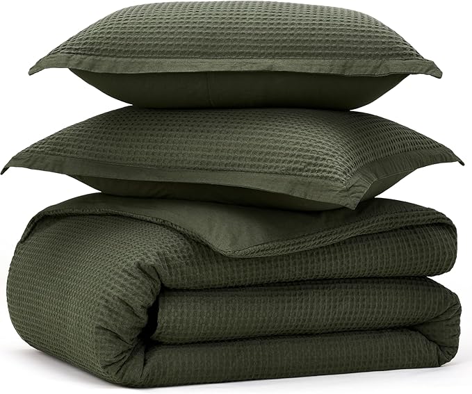 Bedsure Cotton Duvet Cover Set - 100% Cotton Waffle Weave Olive Green Duvet Cover California King Size, GentleSoft™ and Breathable Cal King Bedding Set for All Season, 3 Pieces, 104"x98"