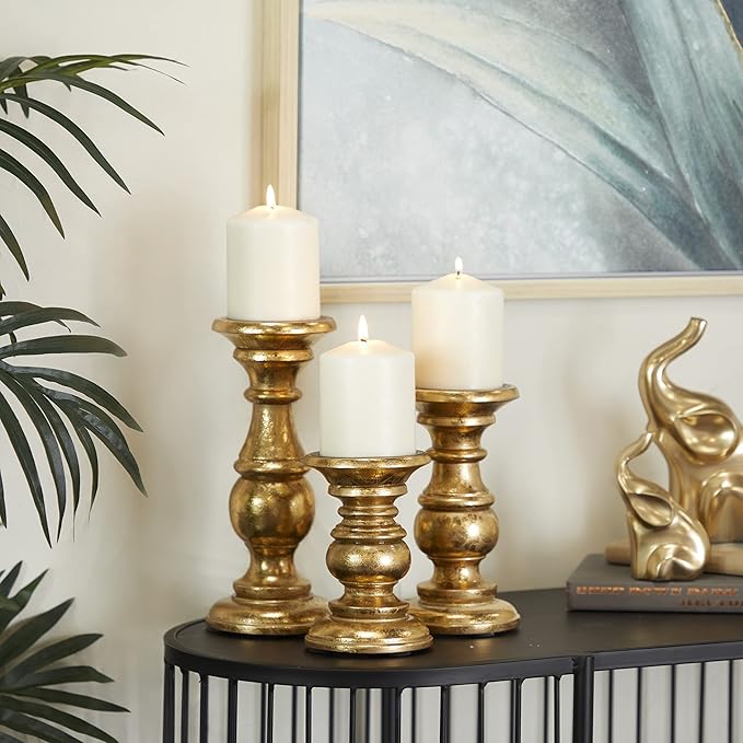 Deco 79 Mango Wood Decorative Candle Holder Turned Style Pillar Candle Stand, Set of 3 Candlestick Holder 10", 8", 6"H, Gold