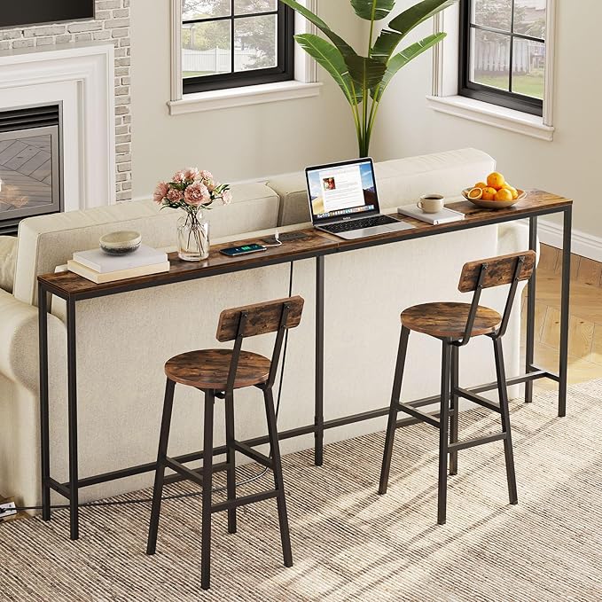 78.7" Console Table with Power Outlet, Narrow Sofa Table Behind Couch, Skinny Entryway Table with with Charging Station, for Hallway, Foyer, Living Room, Rustic Brown CTHR20E01