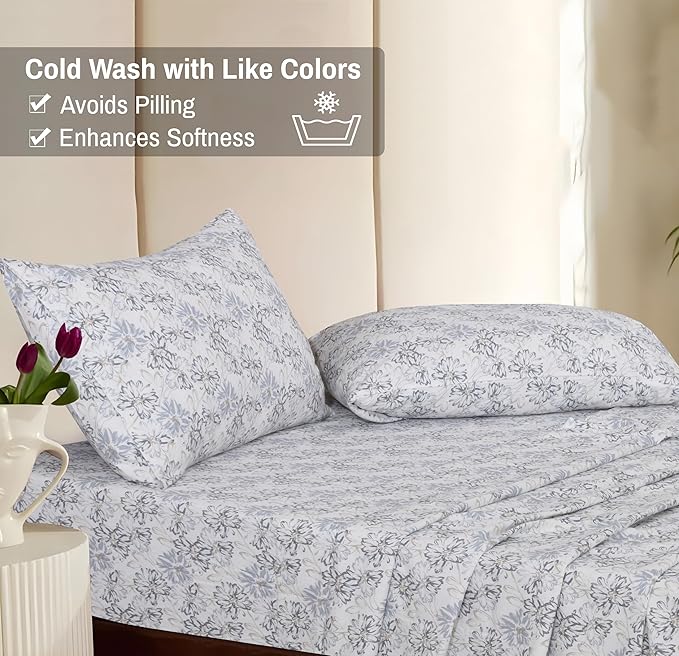 RUVANTI Flannel Sheets Queen Size - 100% Cotton Double Brushed Bed Sheets, Deep Pockets 16 Inches Queen Sheet Set, All Seasons Breathable & Extra Soft - Warm & Cozy, 4 Piece, Pacific