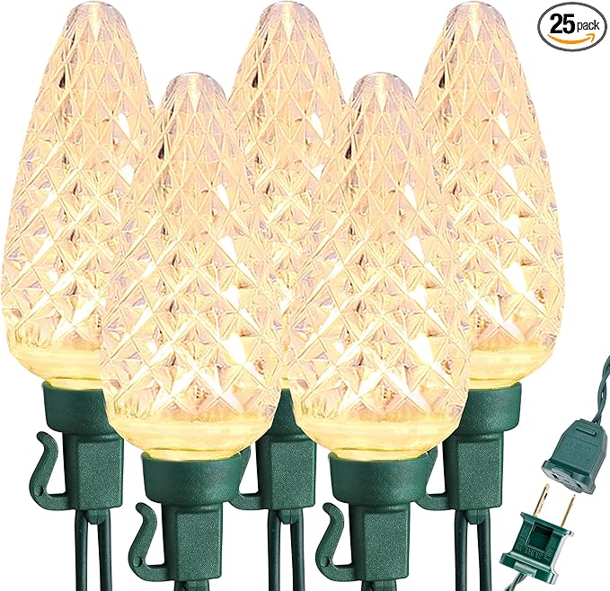 Brizled C9 Christmas Lights, 16ft 25 LED Faceted C9 Warm White Christmas Lights, Connectable Indoor Outdoor Xmas String Light, 120V UL Certified for Tree, Yard, Garden, Porch, Party & Holiday Decor