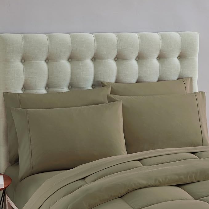 King Size Comforter Set with Sheets - 7-Piece Bedding Collection - 1 Comforter, 1 Fitted Sheet, 1 Flat, 4 Pillowcases - Deep Pocket - Soft & Breathable Premium Quality - Ideal for All Seasons, Sage