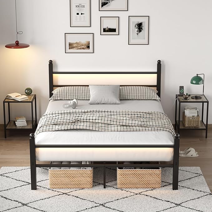 Full Bed Frame with Headboard and Footboard, Metal Bed Frame with Charging Station and LED Lights, Under Bed Storage, No Box Spring Needed,Noise Free, Black