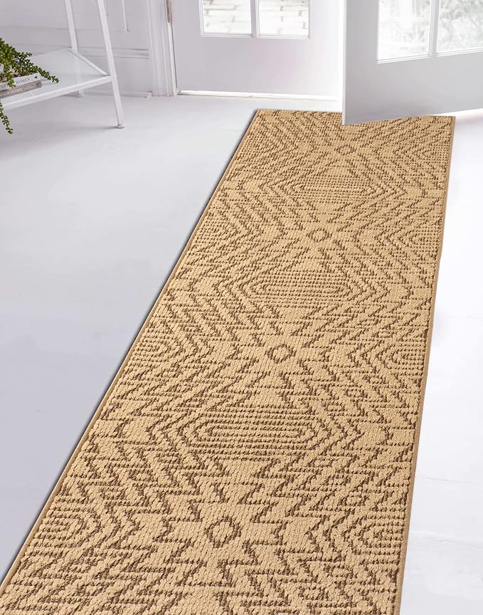 Custom Length Cut to Size Tribal Ethnic Southwestern Inspired Hallway Runner Rug, Non Slip Rubber Backed, 31 inch Wide X Customized Length, Inca Tan, 31 inch X 10 feet