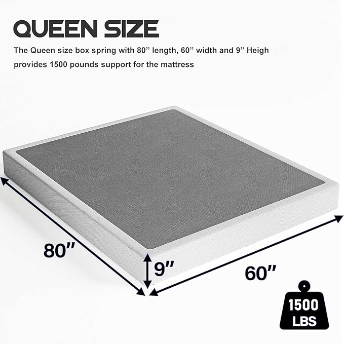 ZIYOO Box Spring Queen and Cover Set, 9 Inch High Profile Easy Assembly Mattress Foundation with Easy Clean Bed Skirt/Heavy Duty Metal Steel Structure/Quiet Noise-Free