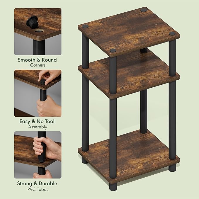 Furinno JUST Side Table, 3-Tier End Table, Open Shelves Night Stand, Bedside Table, Toolless Assembly, for Living Room, Bedroom, Bathroom, Amber Pine