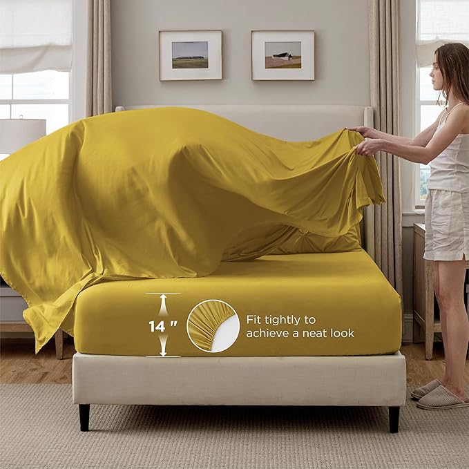 Bedsure Queen Comforter Set - Bed in a Bag Queen Size Bedding 7 Pieces, GentleSoft™ Pintuck Bed Set Gift for Family, Pinch Pleat Mustard Yellow Comforter with Sheets, Pillowcases & Shams